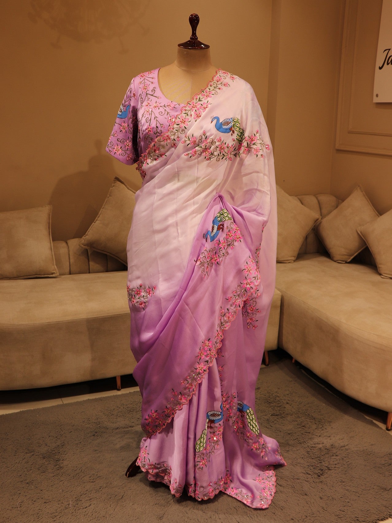 Lavander shaded rada krishnaji hand painted saree