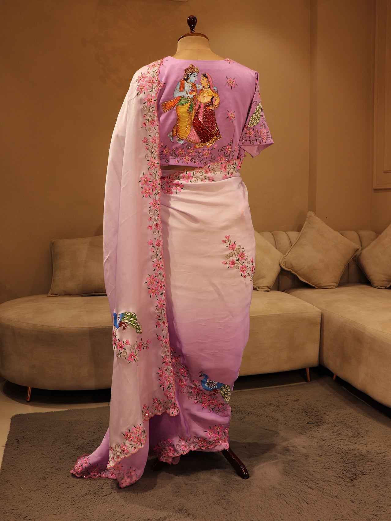 Lavander shaded rada krishnaji hand painted saree