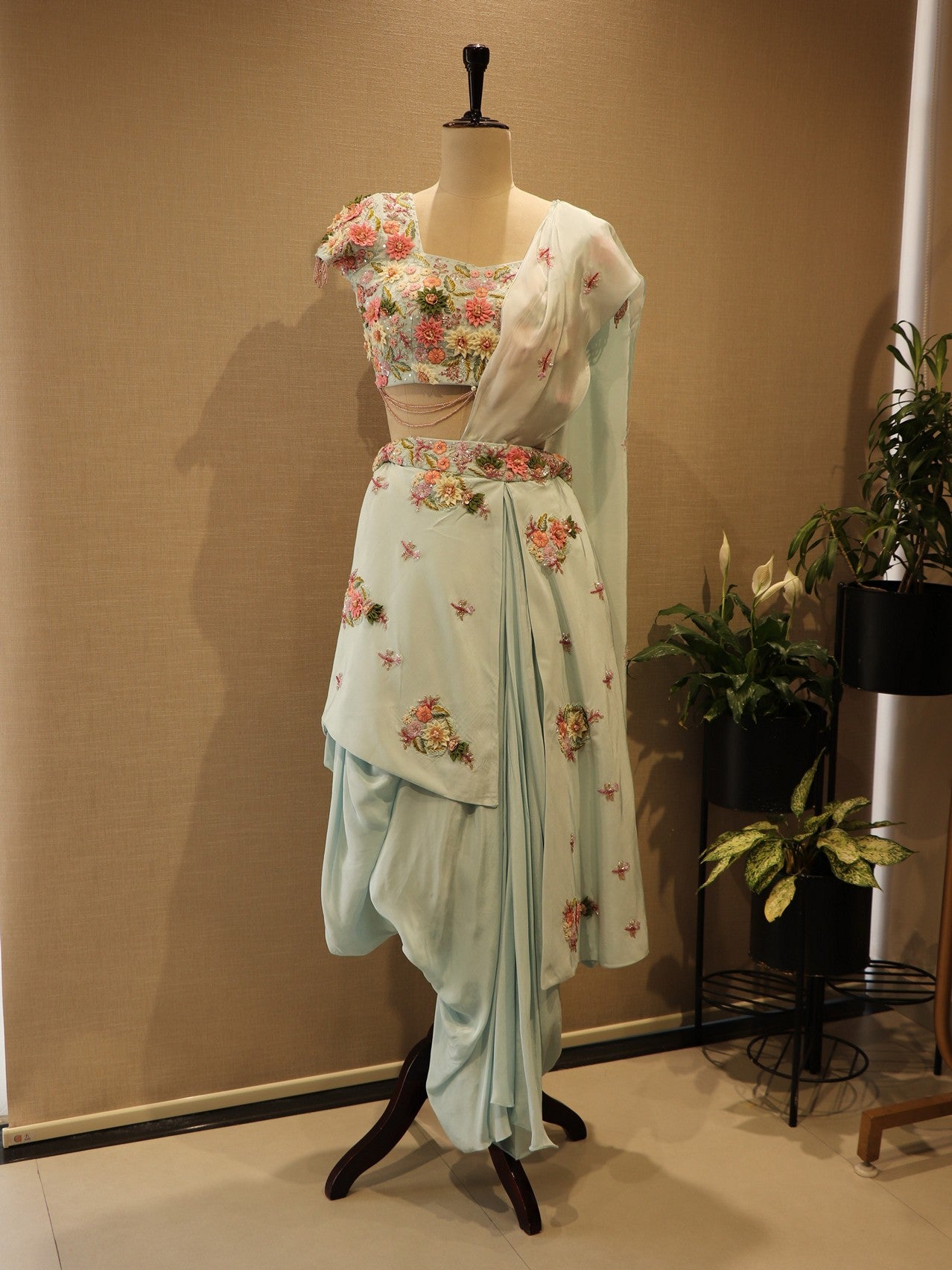 Powder blue crop top drape skirt with dupatta