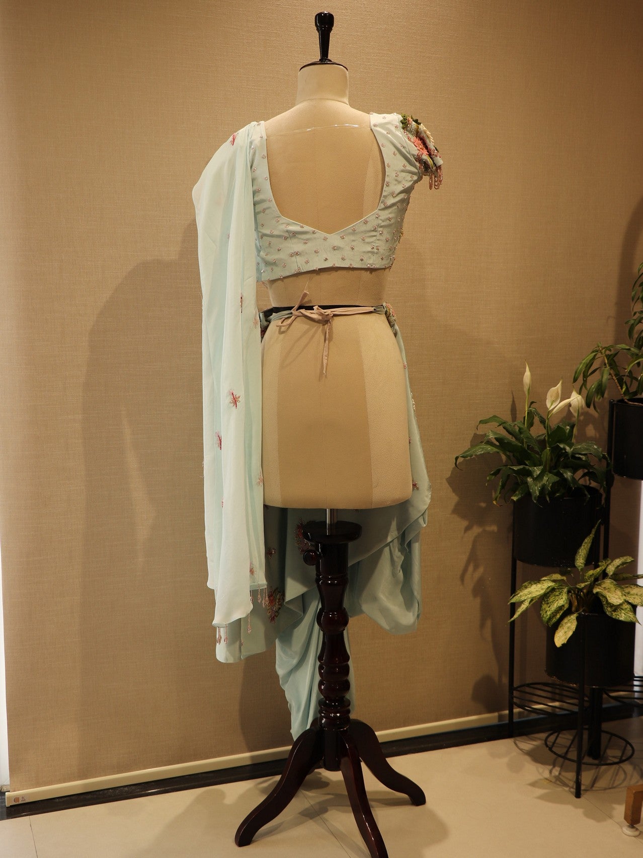 Powder blue crop top drape skirt with dupatta