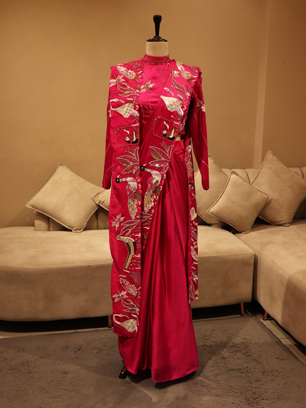 Hot pink pre drape saree with dupatta