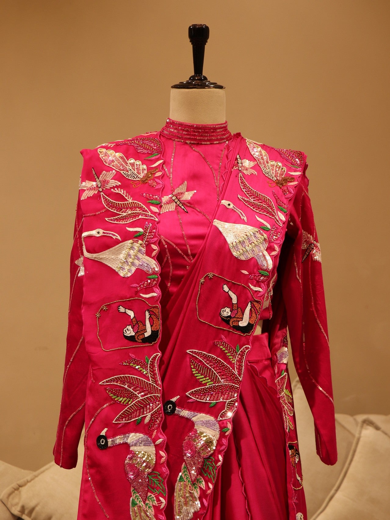 Hot pink pre drape saree with dupatta