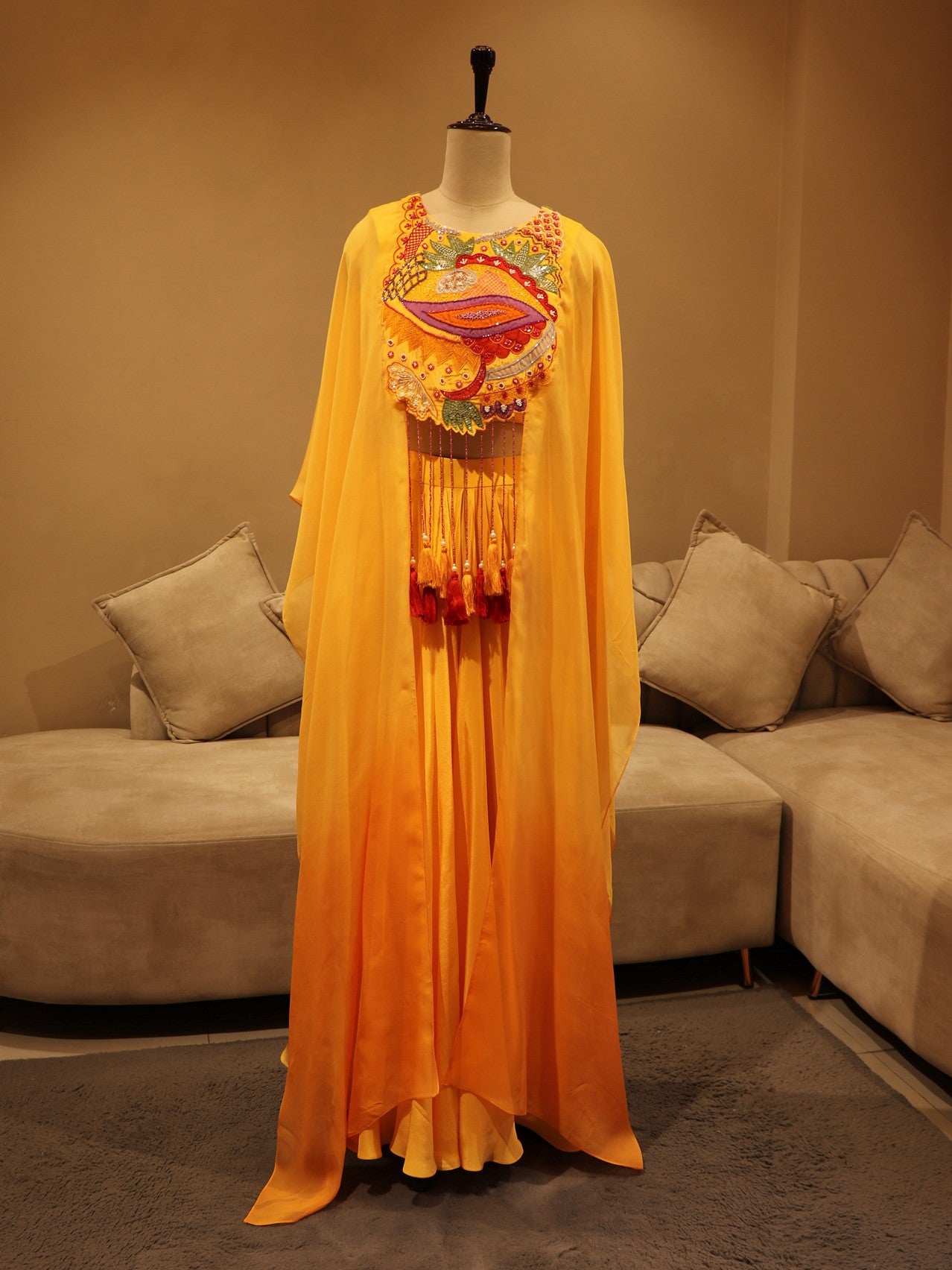 Yellow orange shaded crop skirt with cape