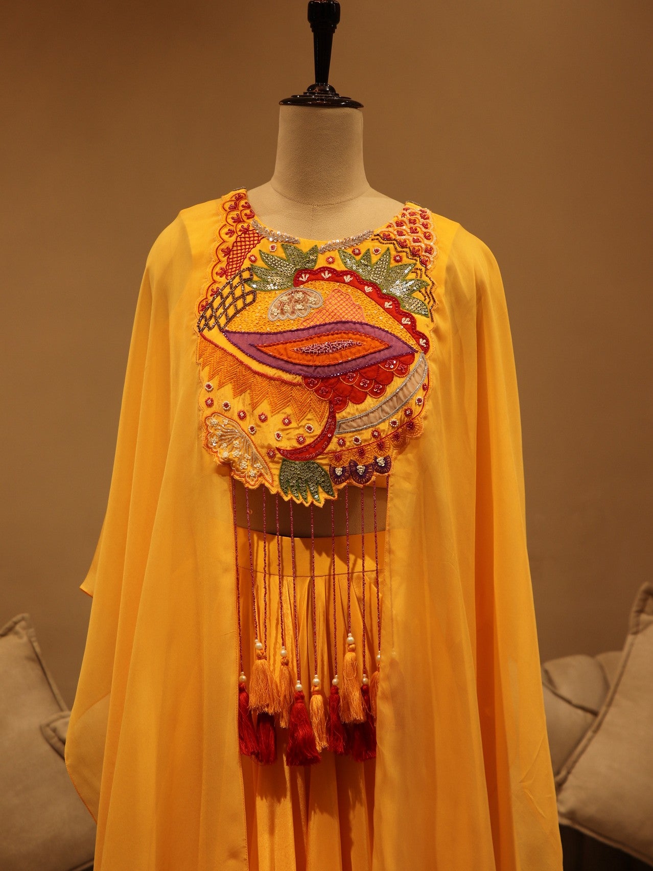 Yellow orange shaded crop skirt with cape