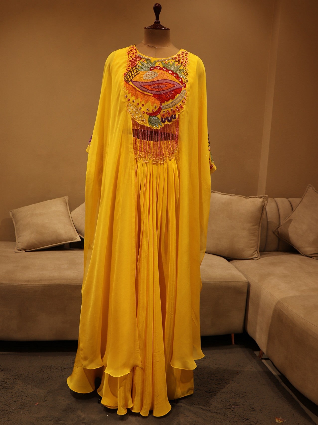 Yellow crop top skirt with cape