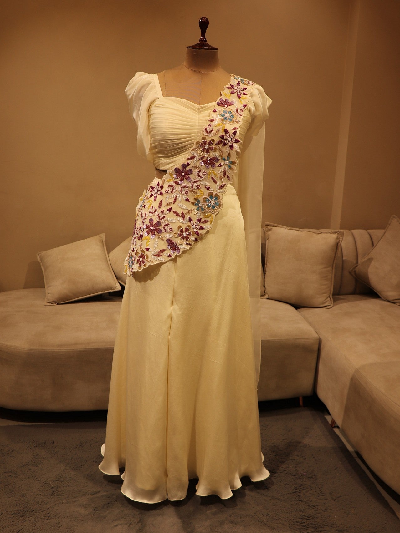 Off white Crop top plazo with drape dupatta