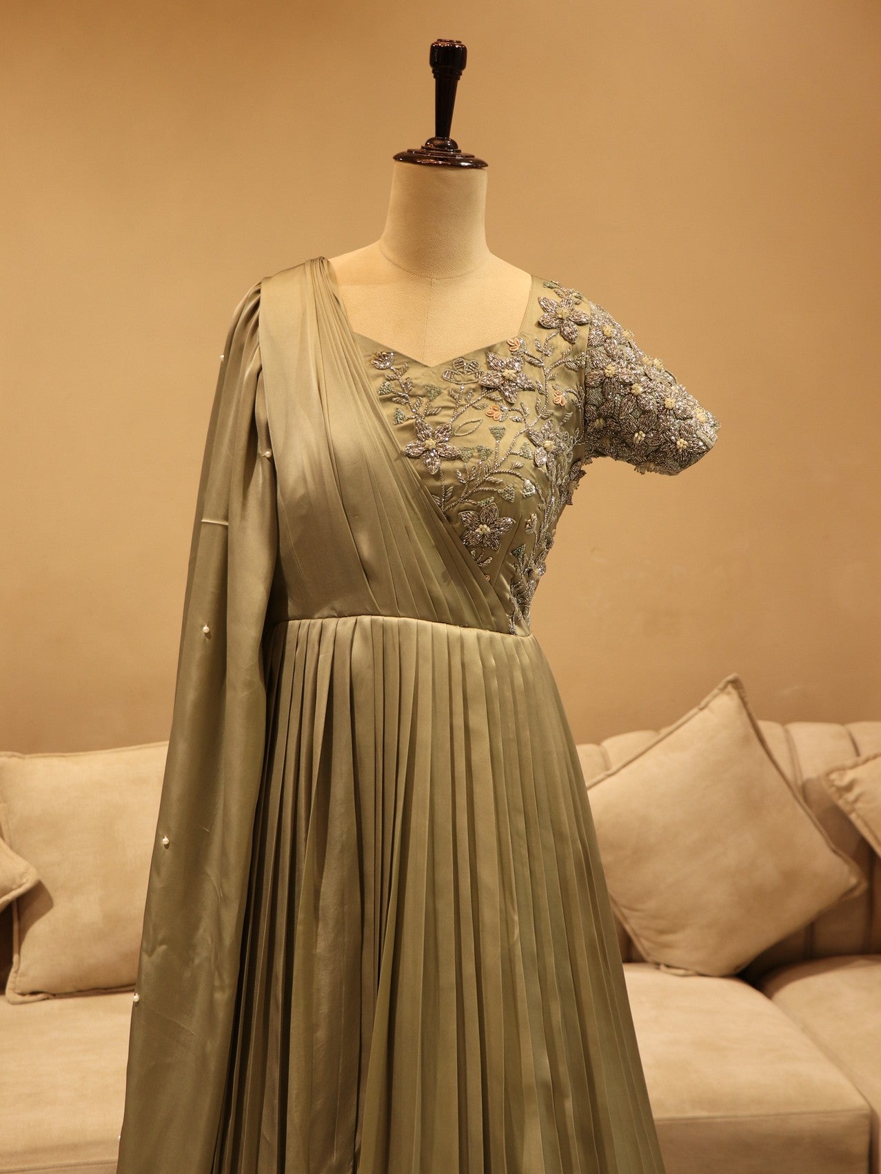 Olive green 3d flower gown.