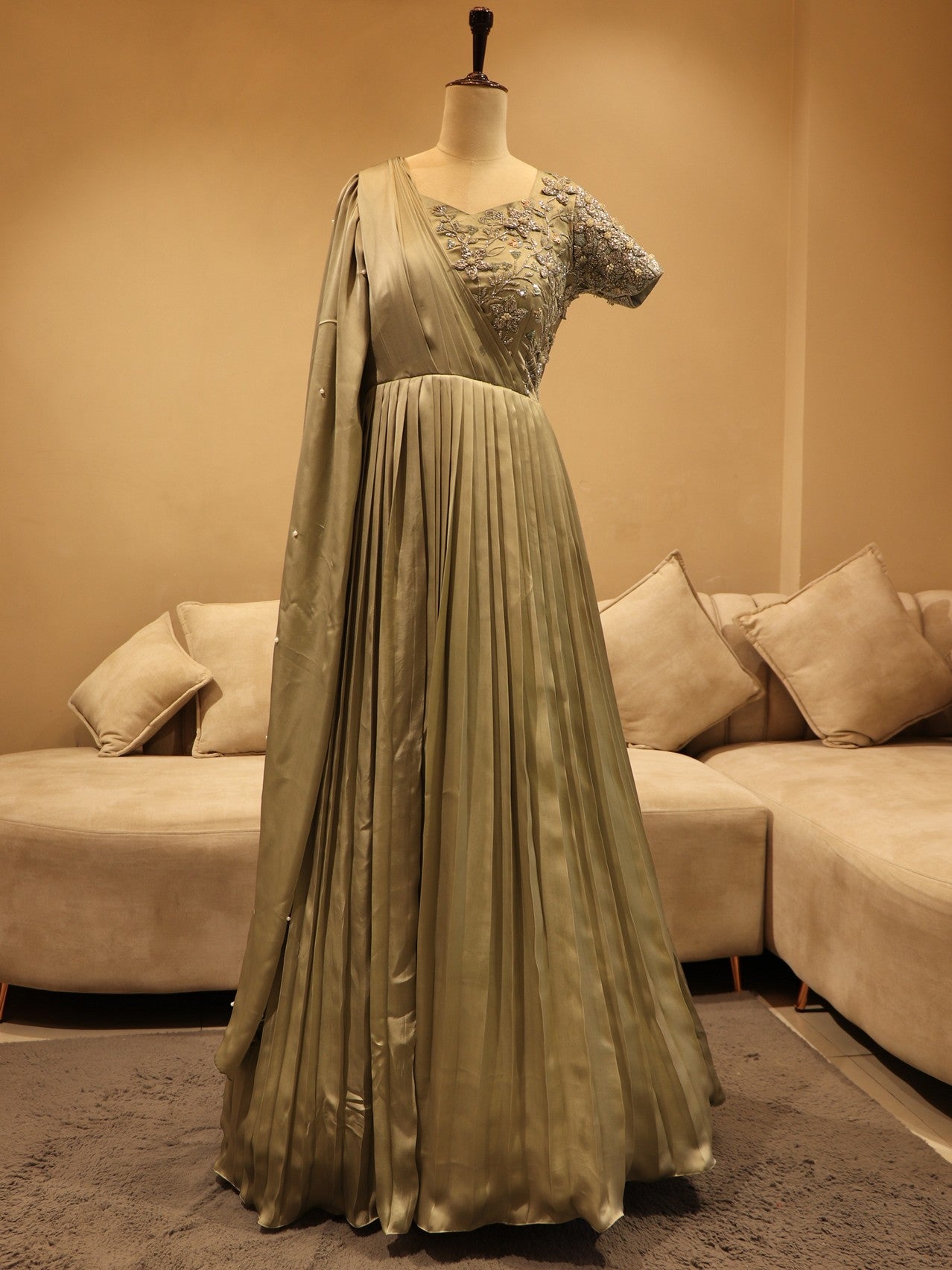 Olive green 3d flower gown.