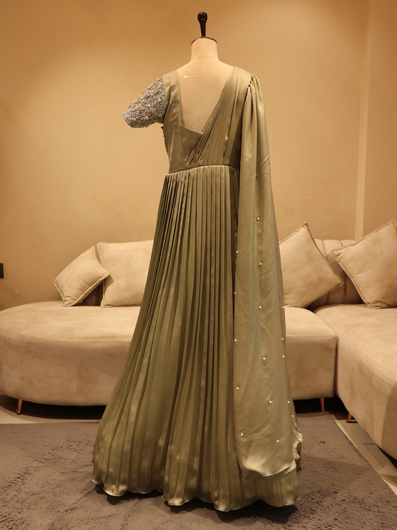 Olive green 3d flower gown.