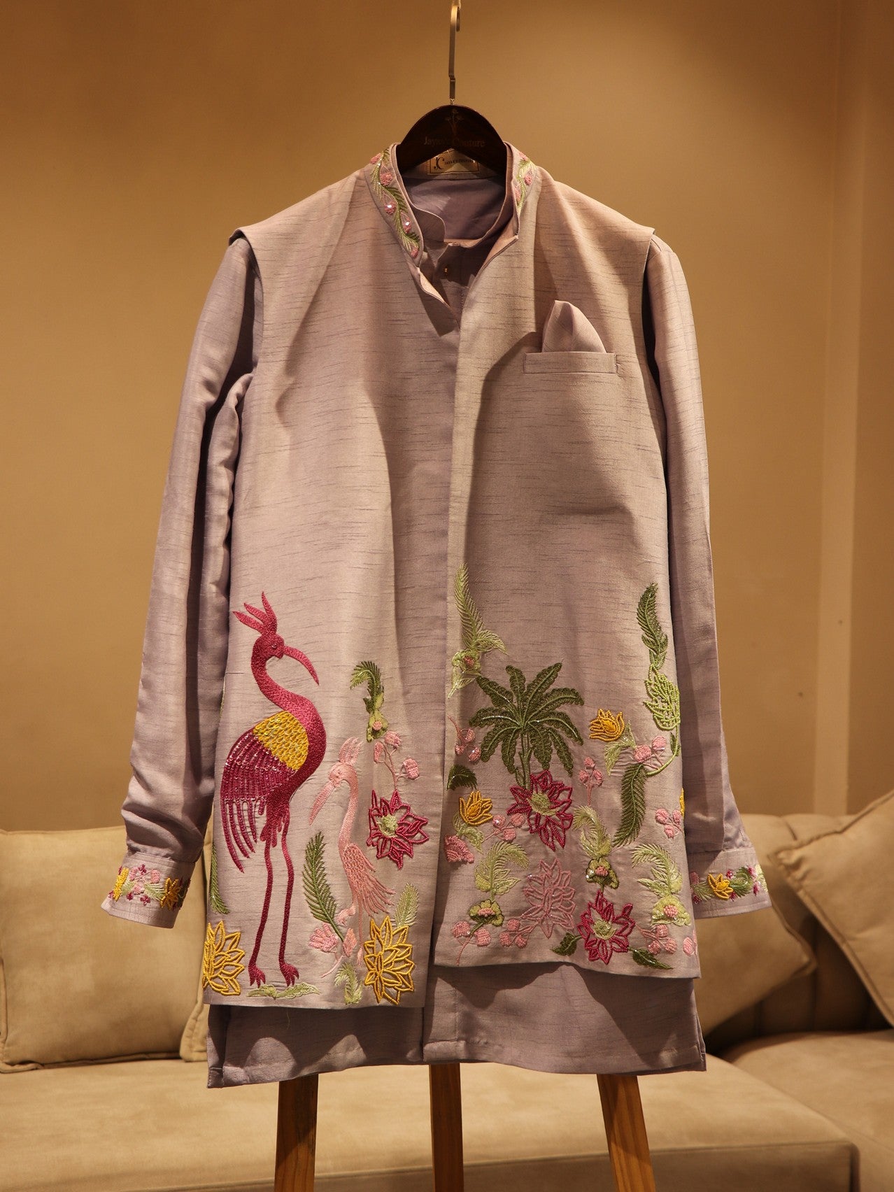 ice blue crane mens kurta jacket with pants