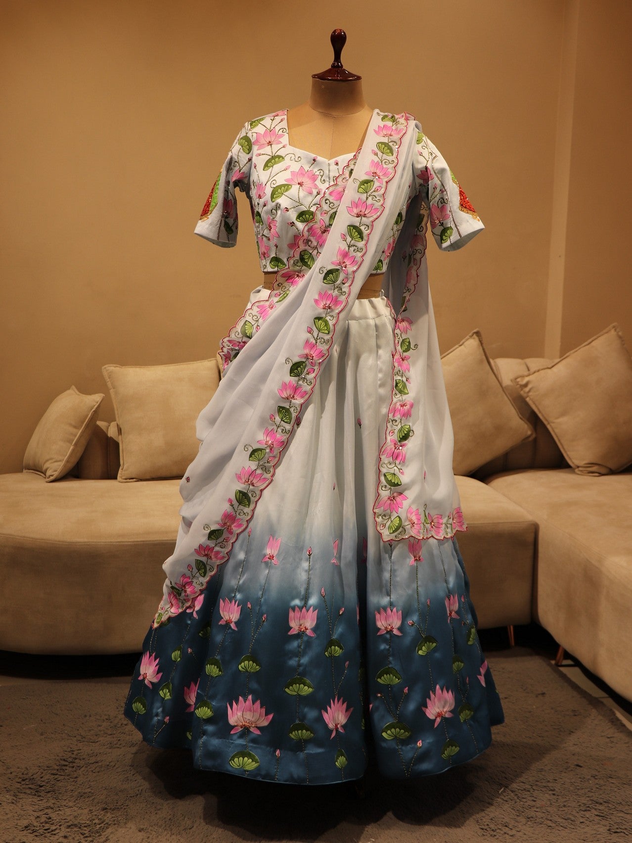 blue shaded radha krishna ji pichwai hand painted lehenga set