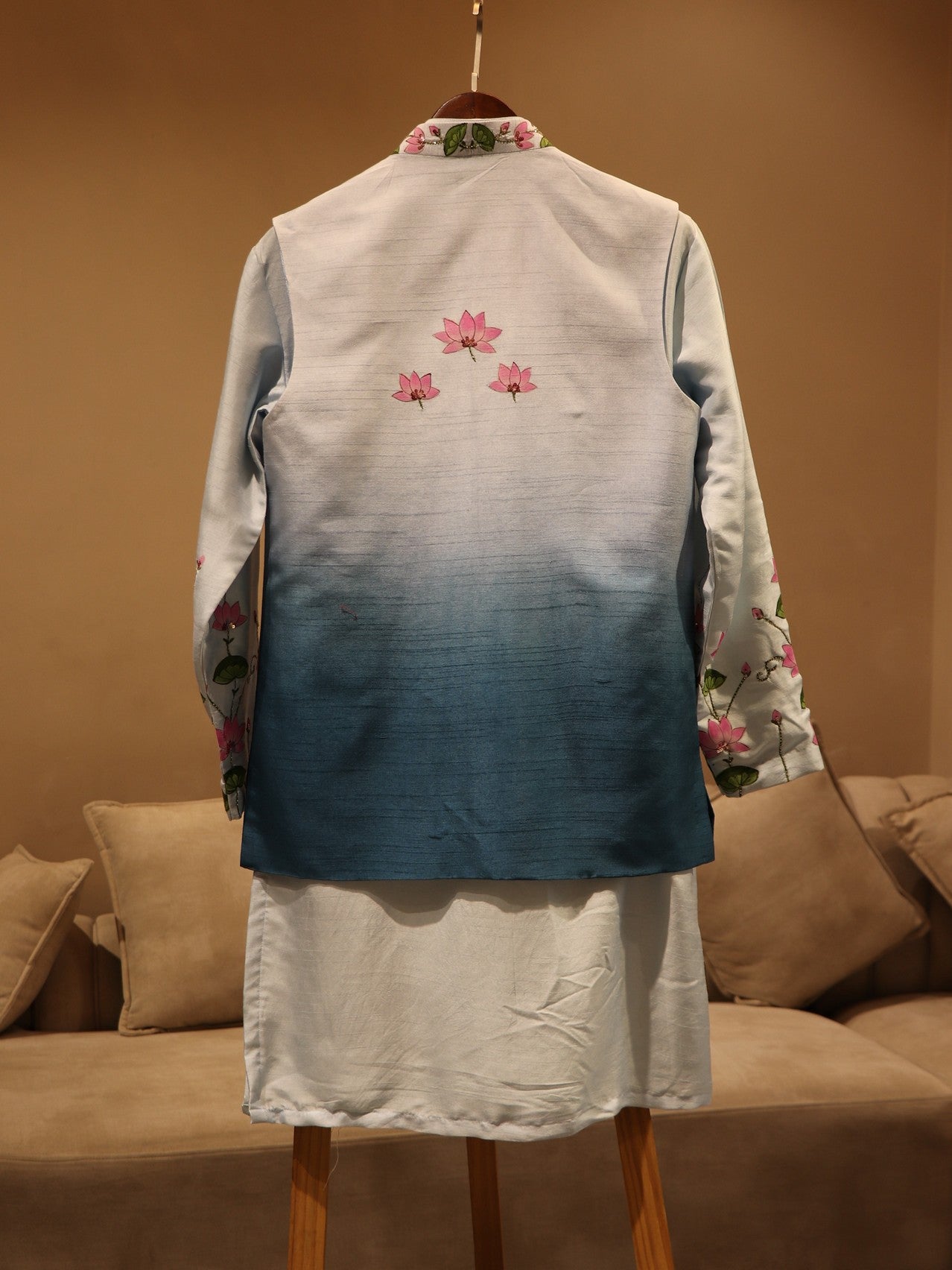 blue shaded pichwai hand painted mens jacket kurta pants