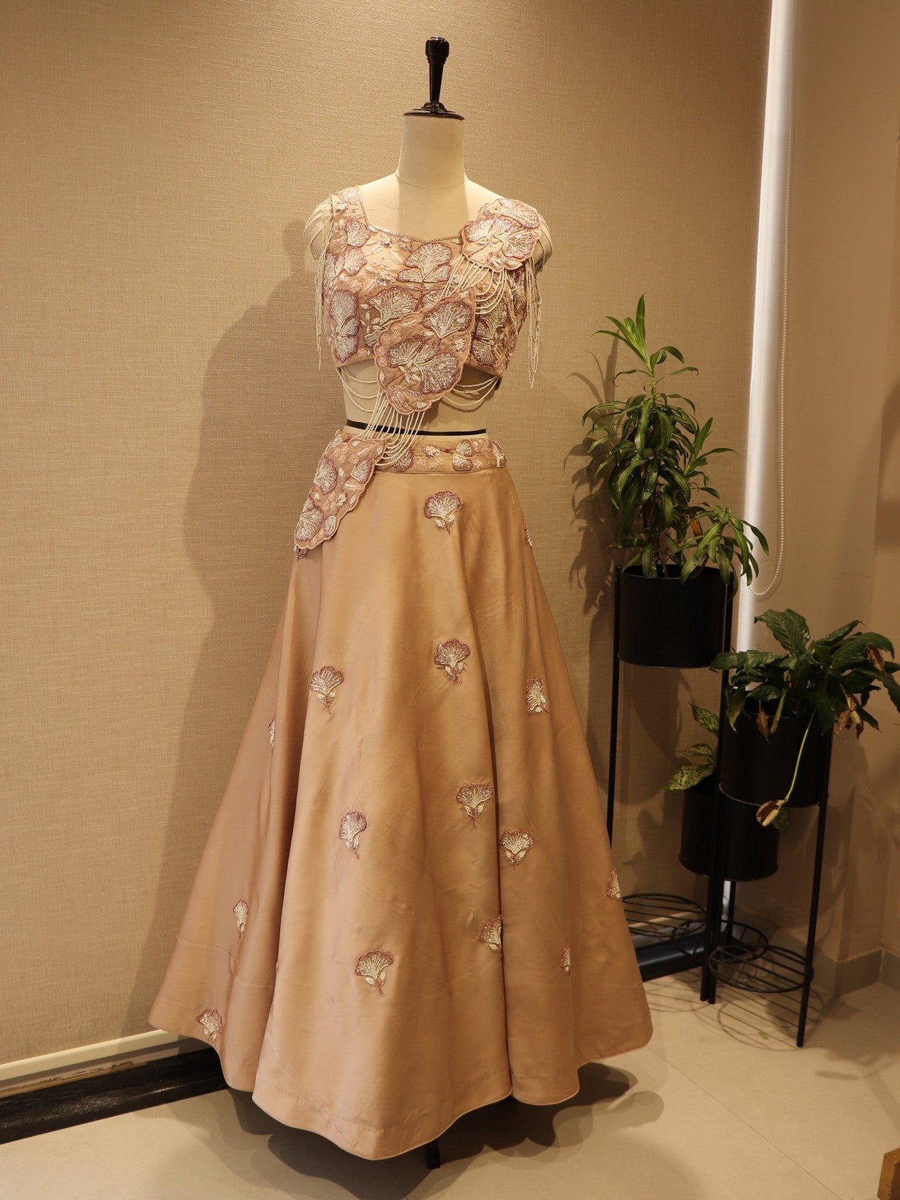 beige 3d flowers drape lehenga set