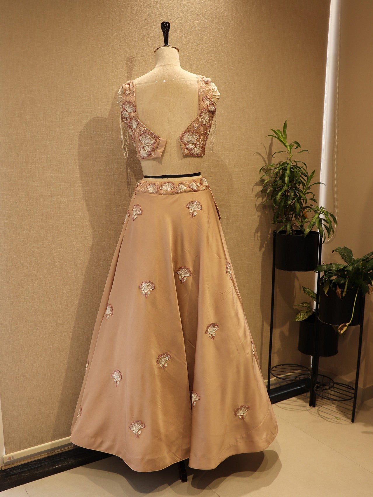 beige 3d flowers drape lehenga set