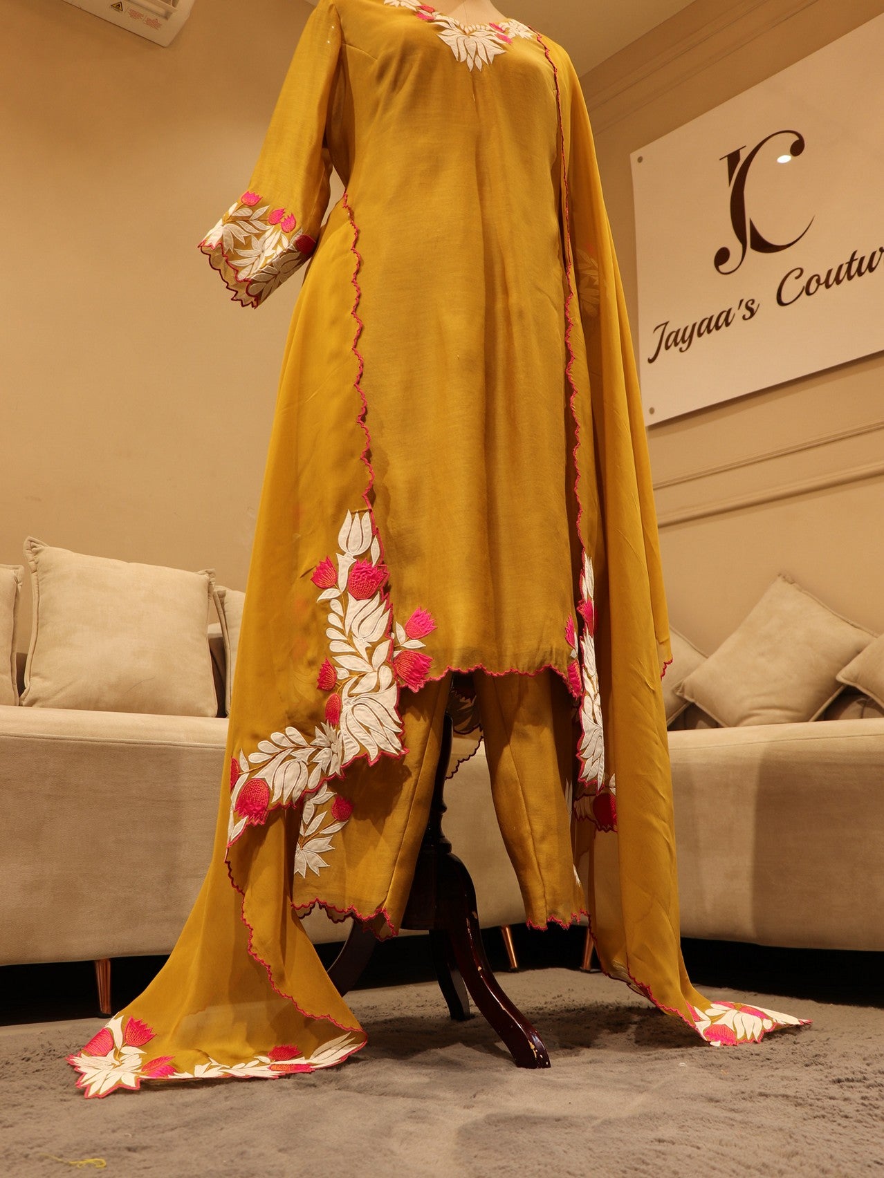 Mustard yellow applique kurta pants dupatta