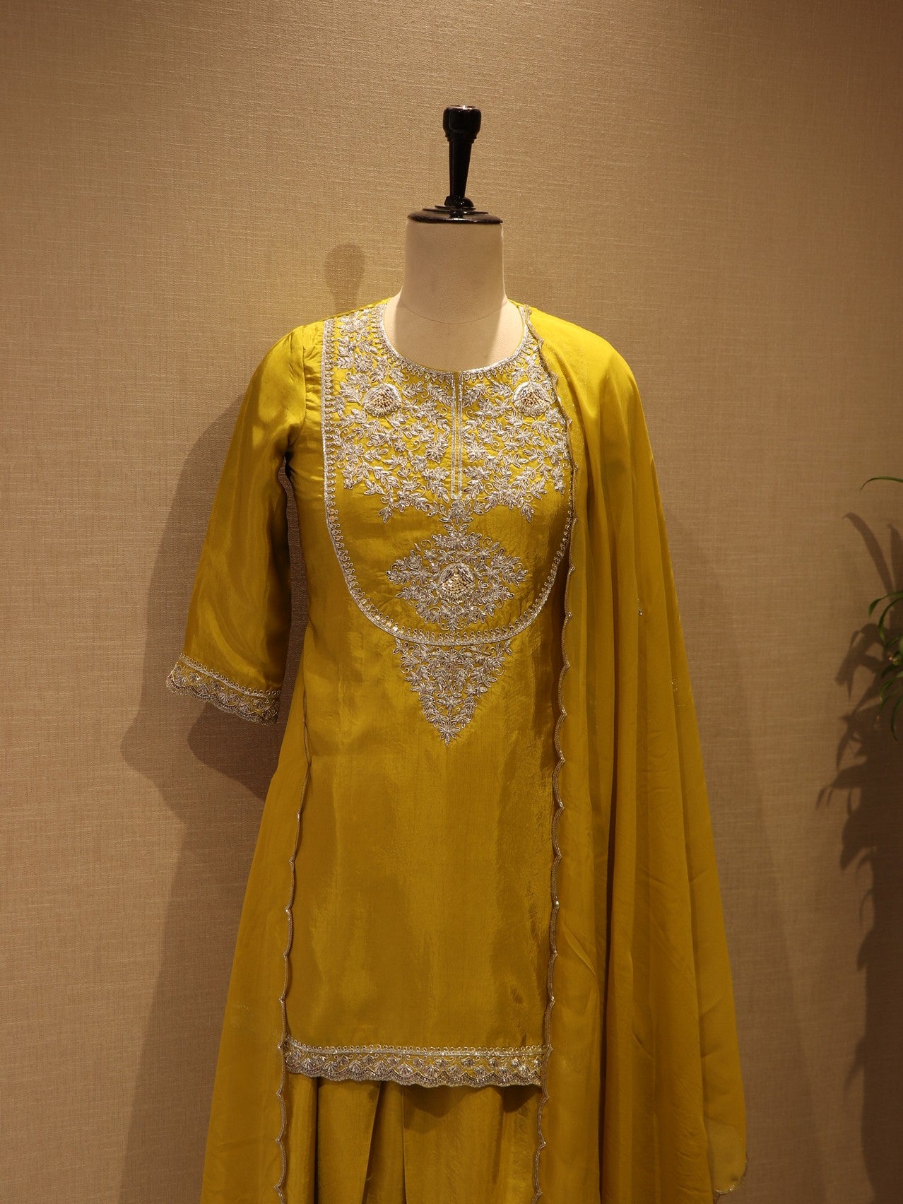 Greenish yellow kurti with tulip pants and dupatta