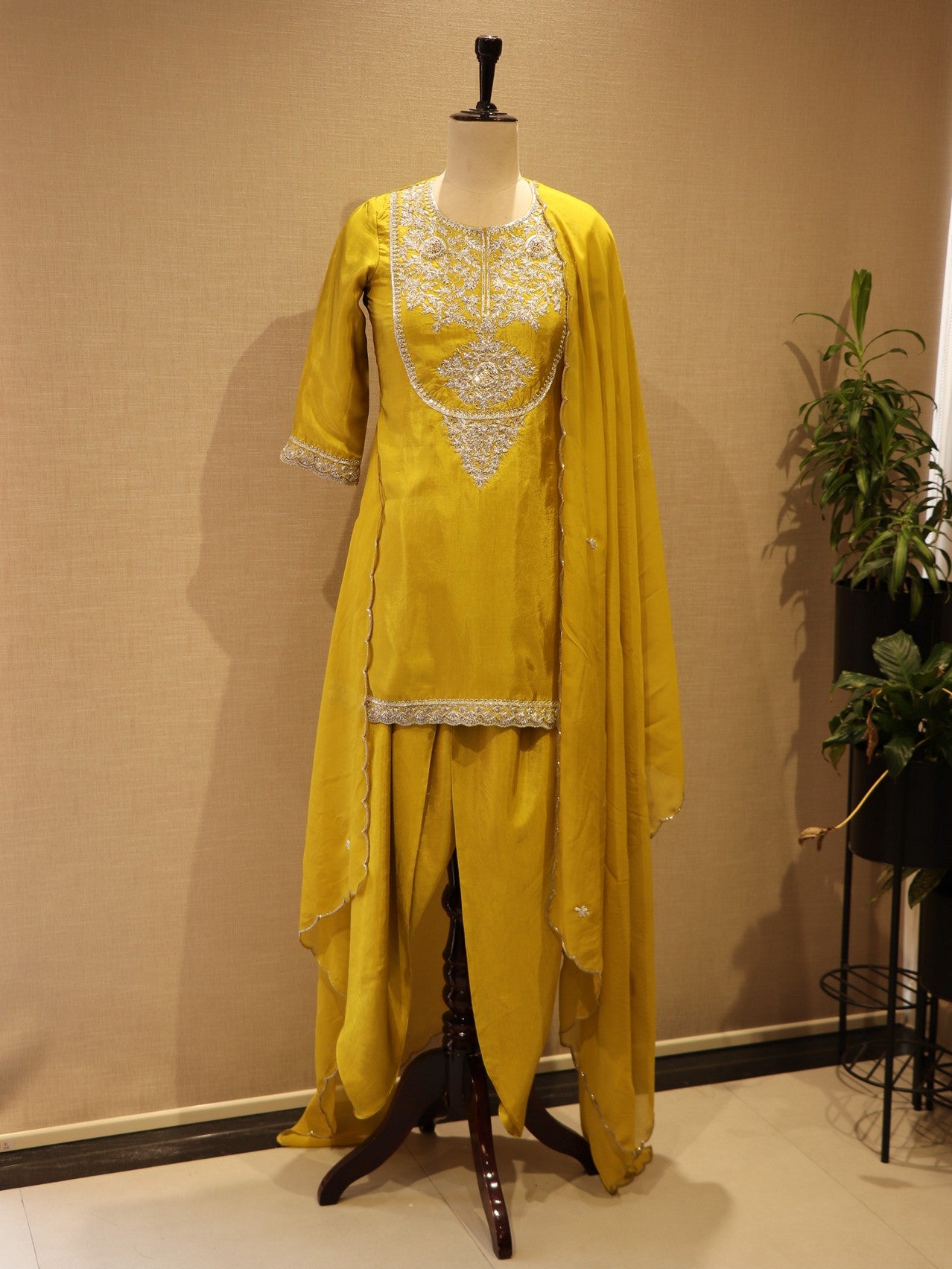 Greenish yellow kurti with tulip pants and dupatta