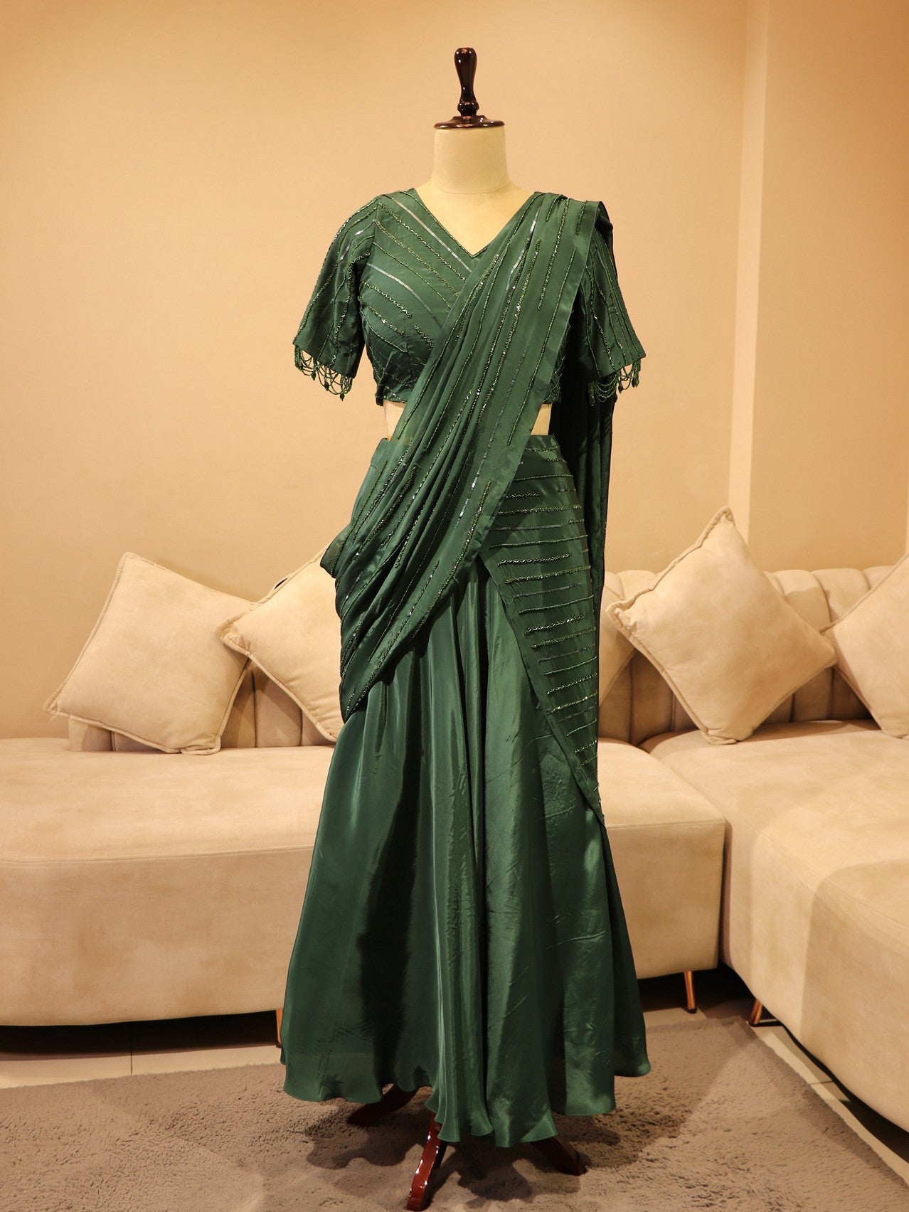Bottle green drape saree