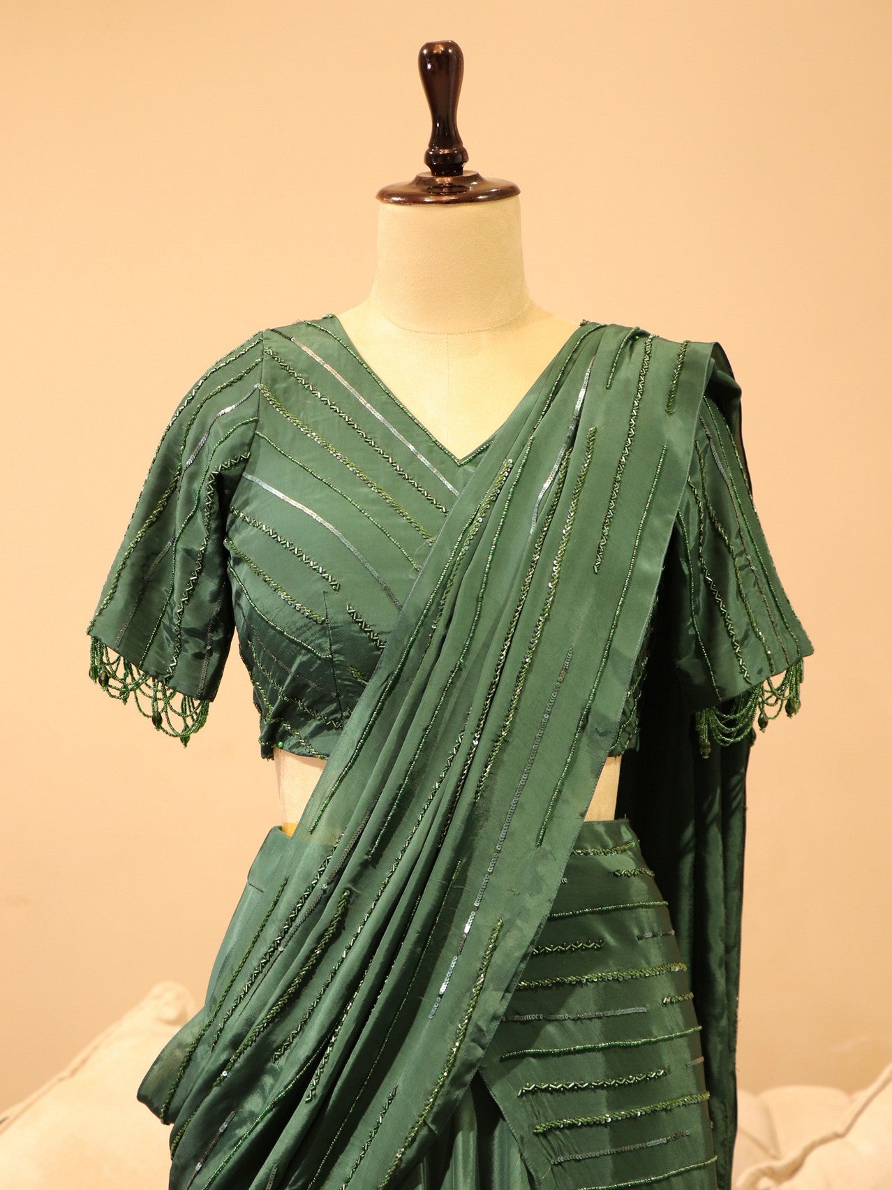 Bottle green drape saree