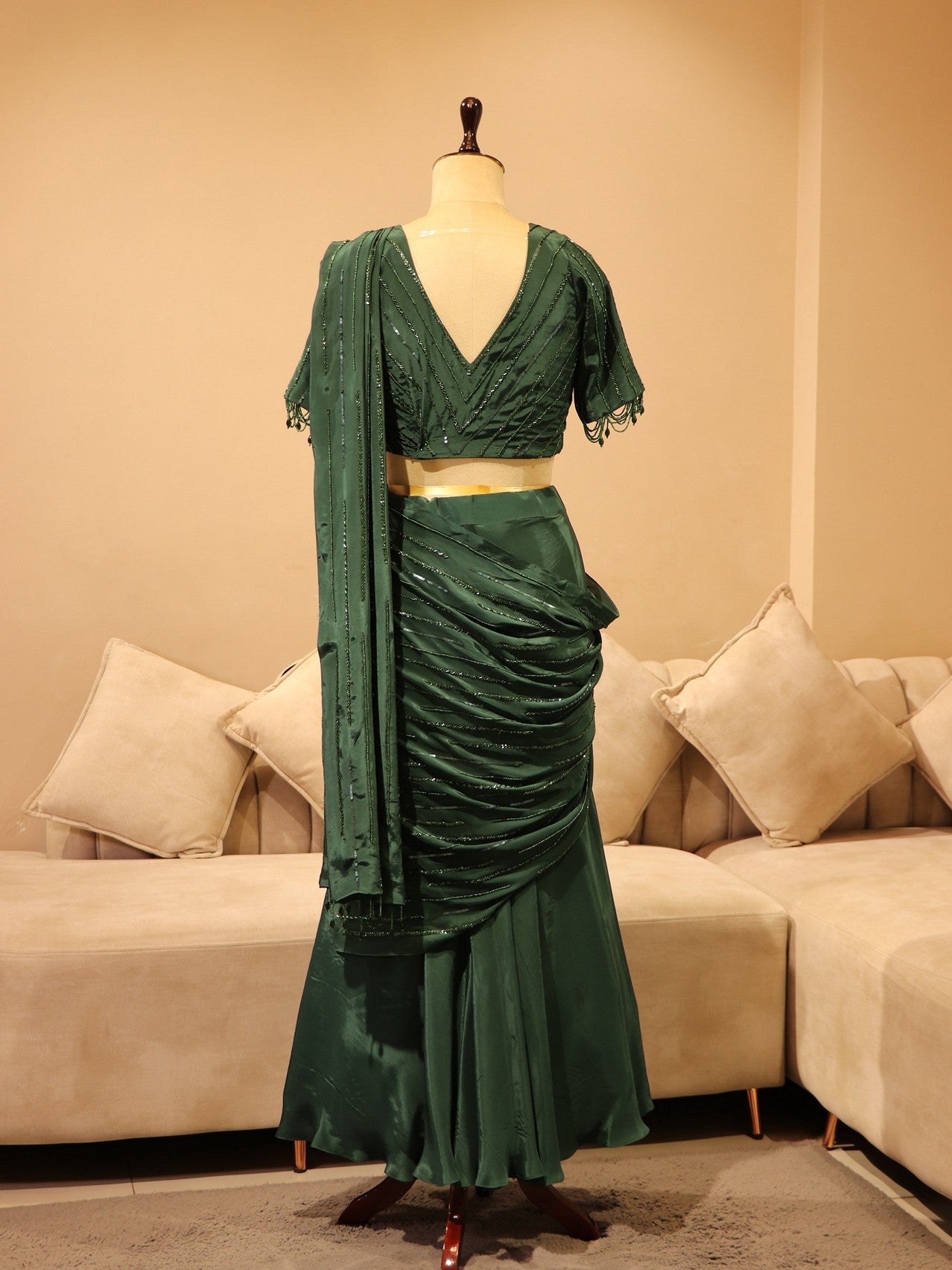 Bottle green drape saree