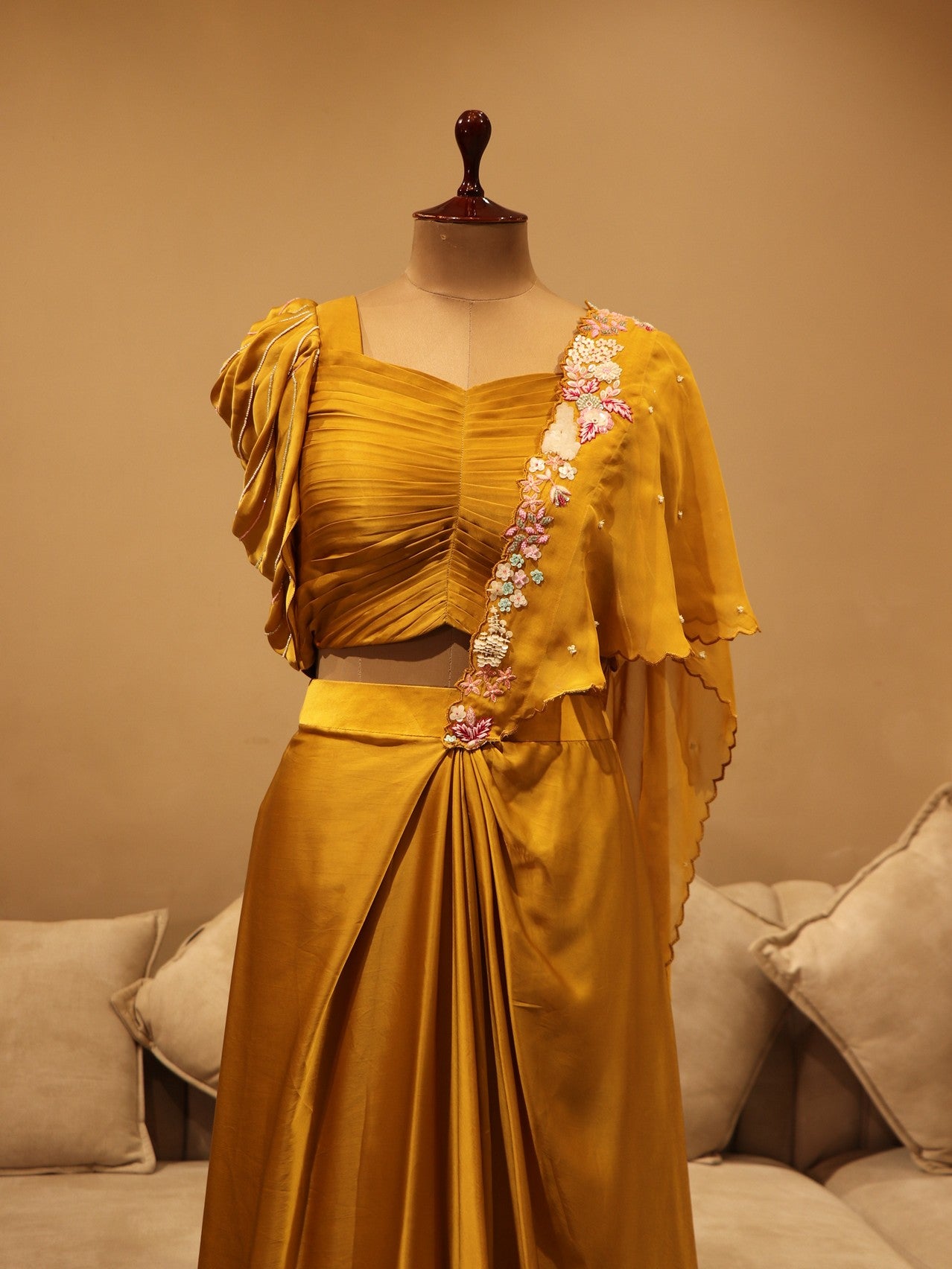 Mustard yellow drape saree