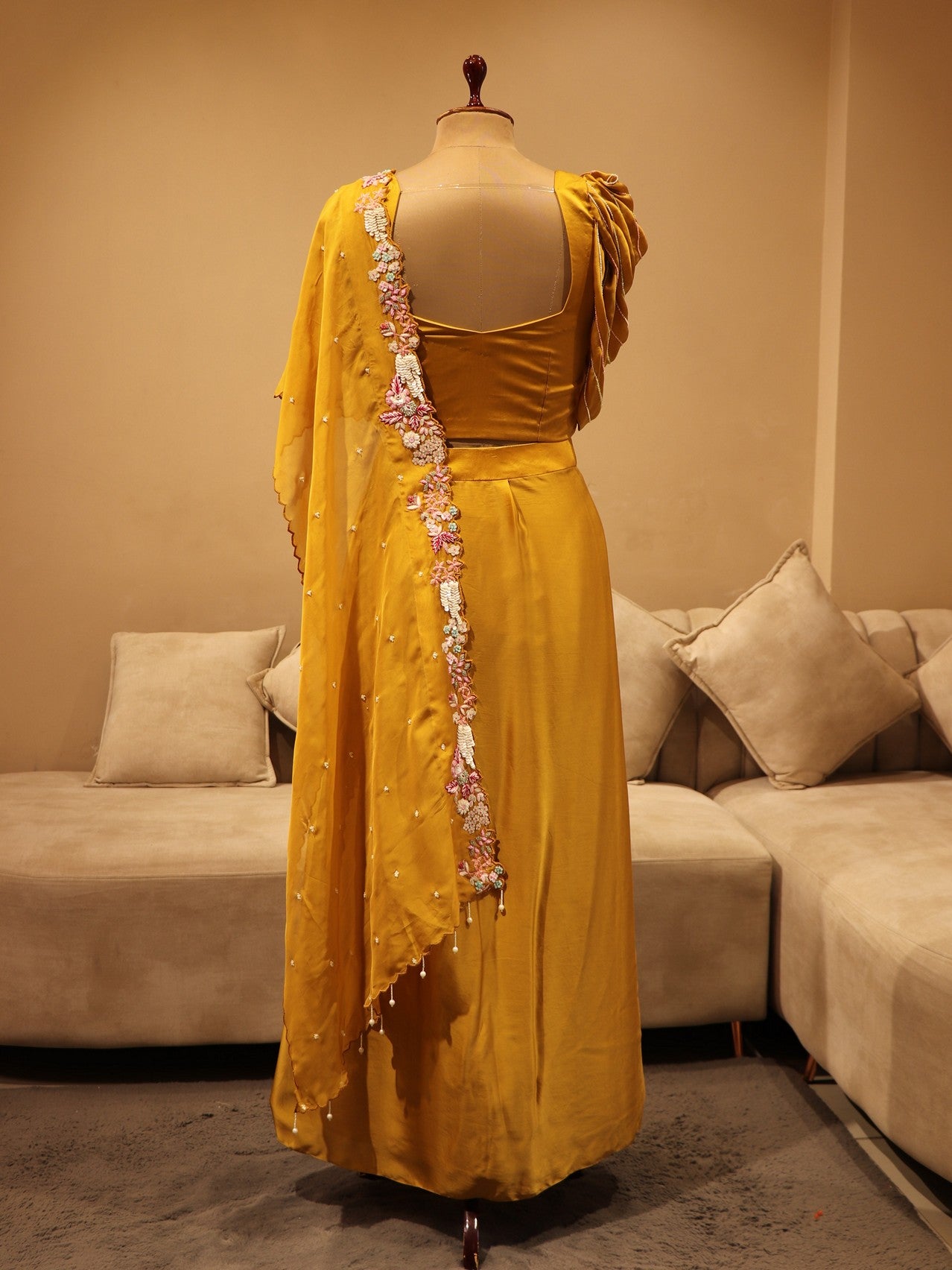 Mustard yellow drape saree