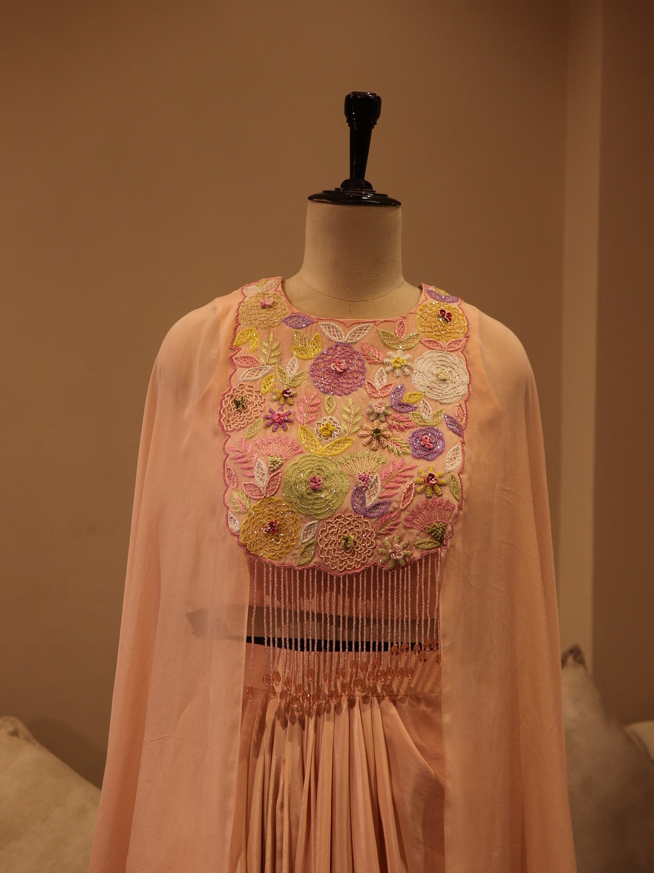 peach crop top skirt with cape