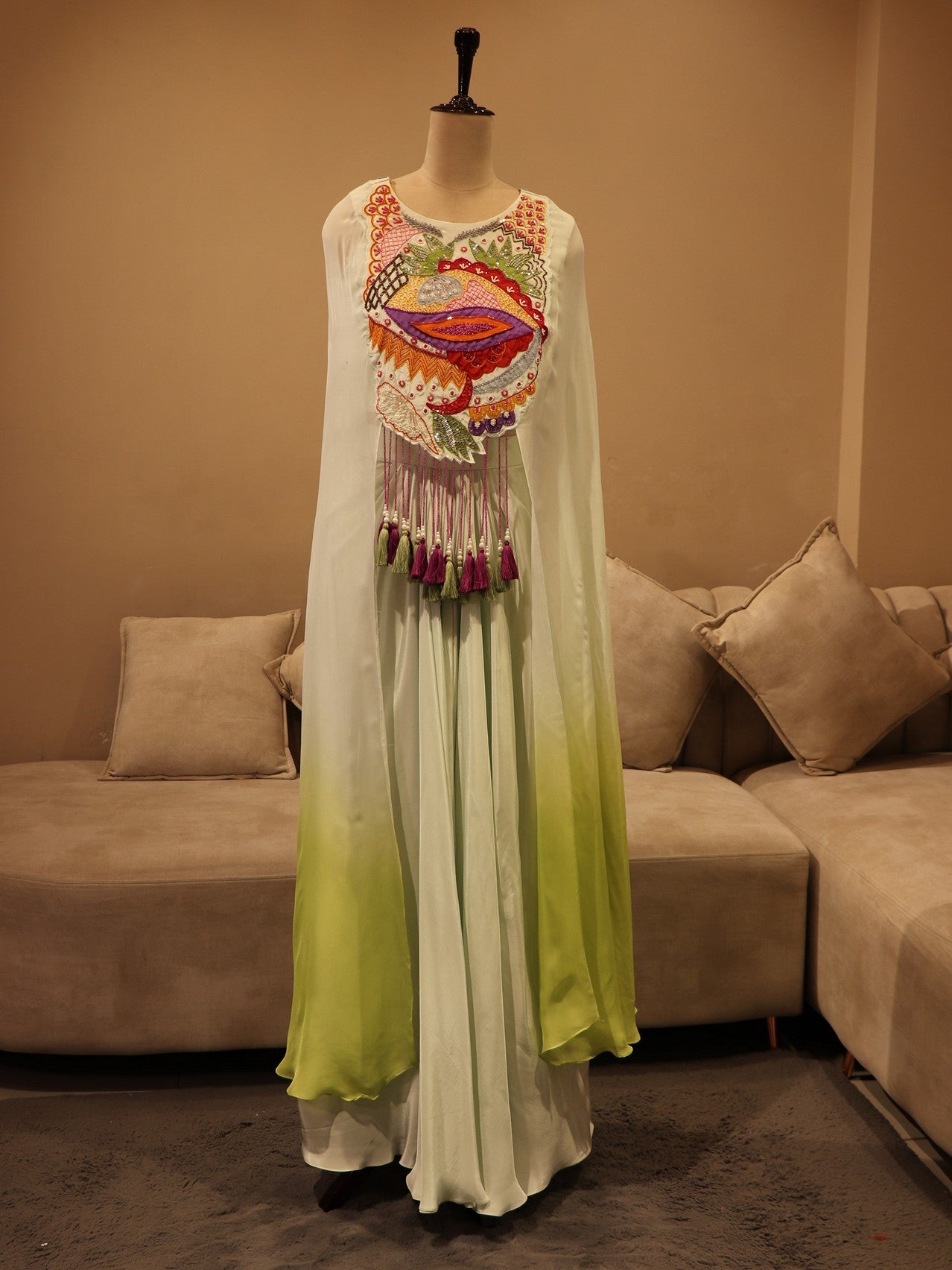 mint green shaded crop top cape skirt set