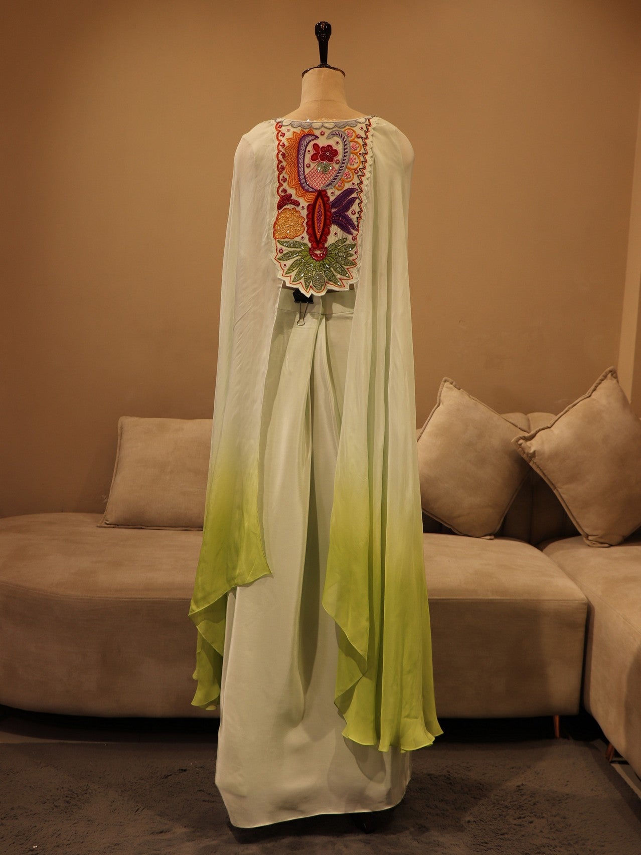mint green shaded crop top cape skirt set