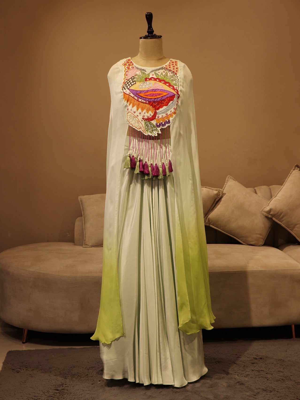 mint green shaded crop top cape skirt set