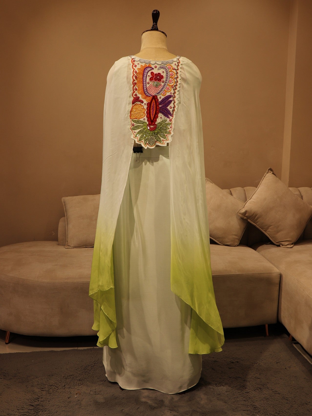 mint green shaded crop top cape skirt set