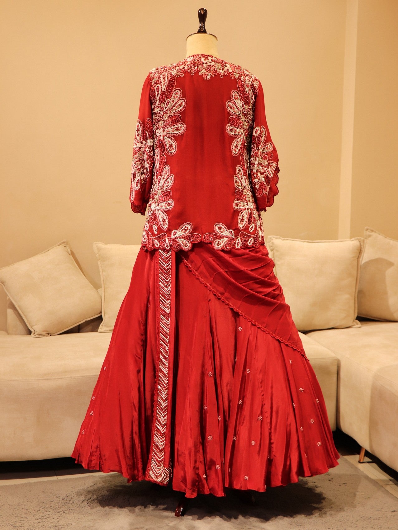 deep maroon crop top with shrug dupatta and skirt