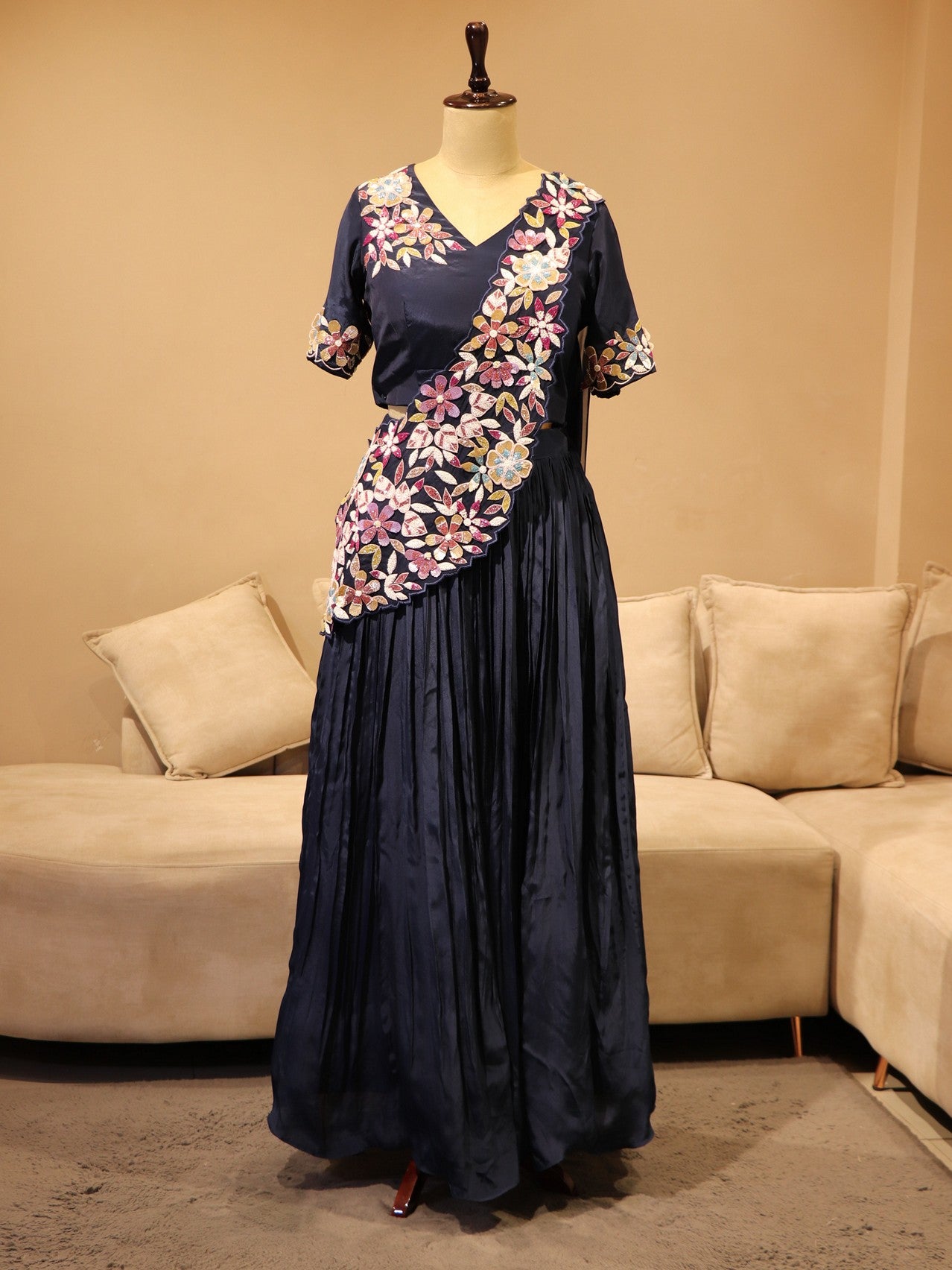 Navy blue crop top with skirt and drape dupatta