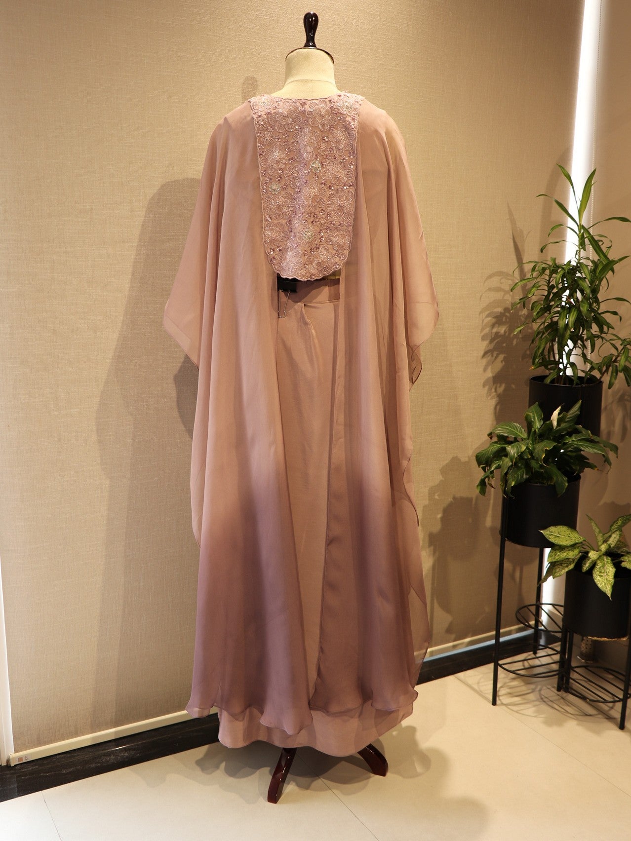 Mauve shaded crop top with skirt and cape