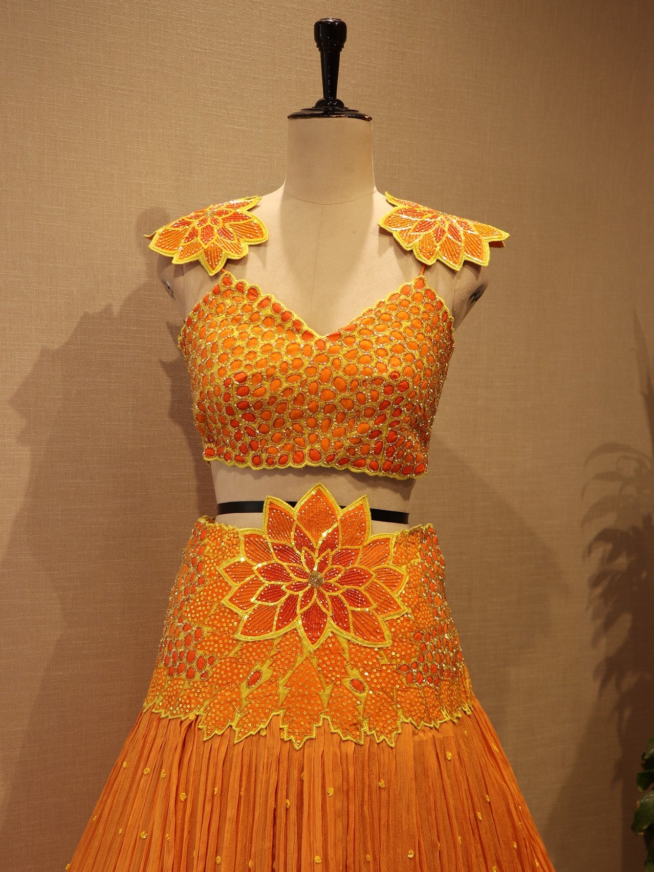 orange crop top with skirt