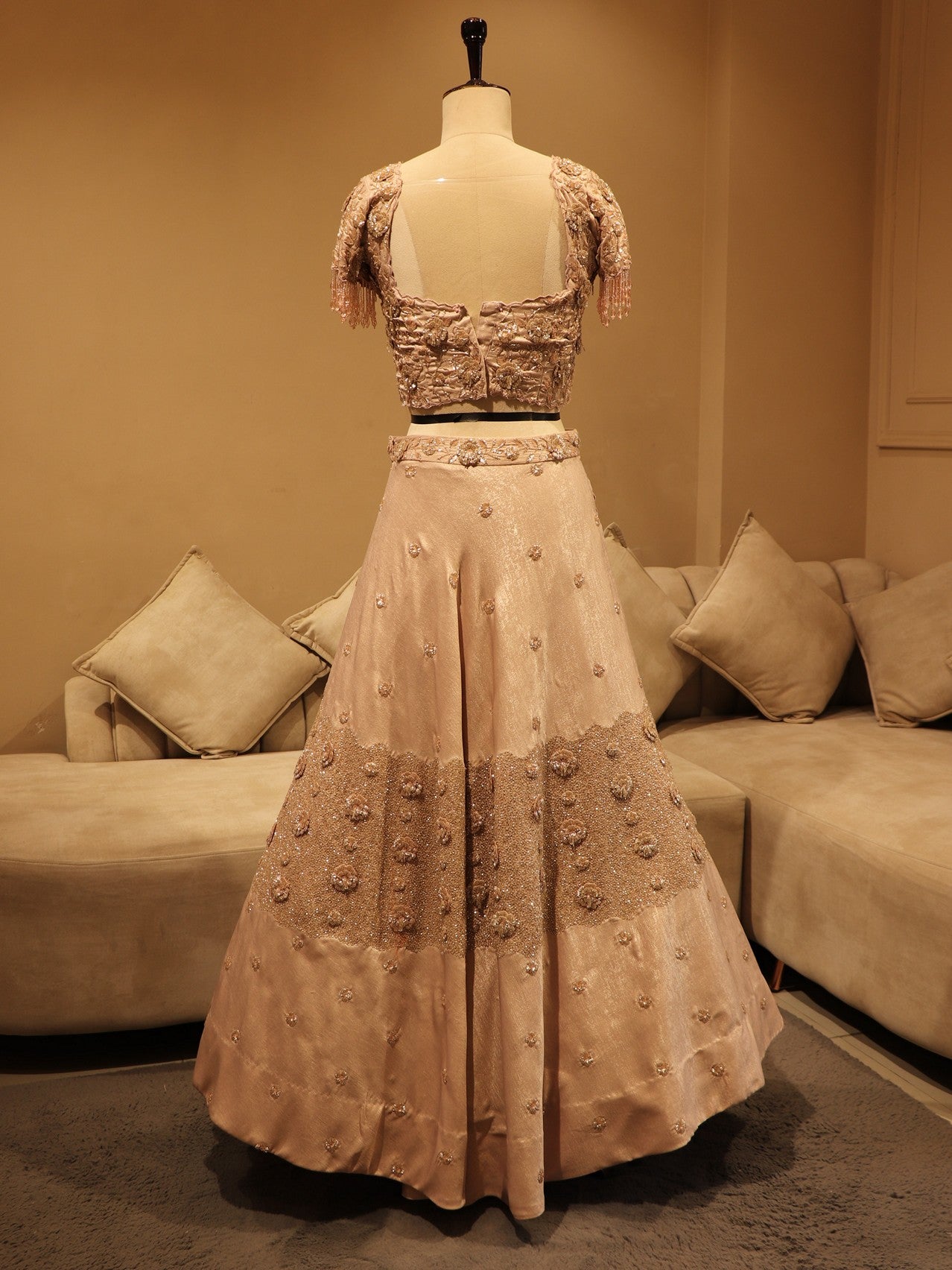 peach shimmeri 3d lehenga set