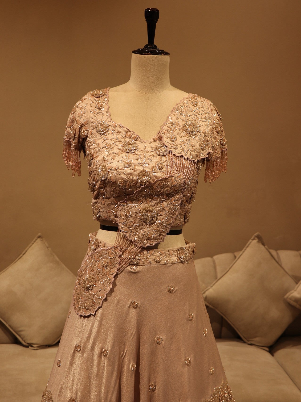 peach shimmeri 3d lehenga set