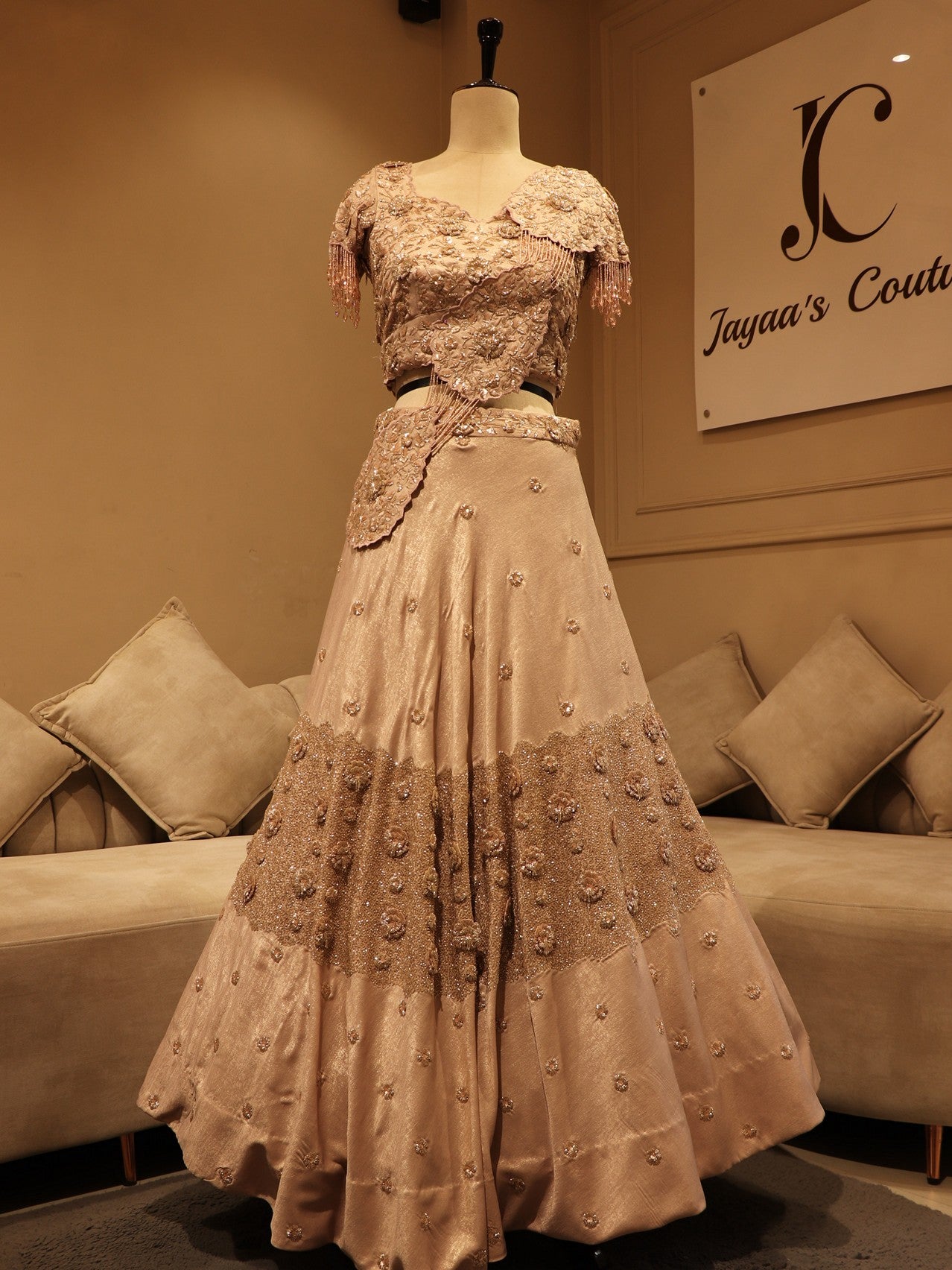 peach shimmeri 3d lehenga set