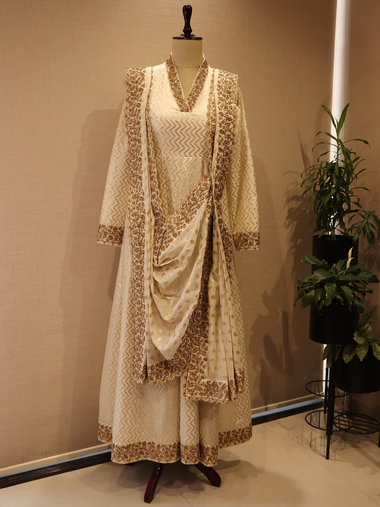 Off white Chanderi gown with drape dupatta