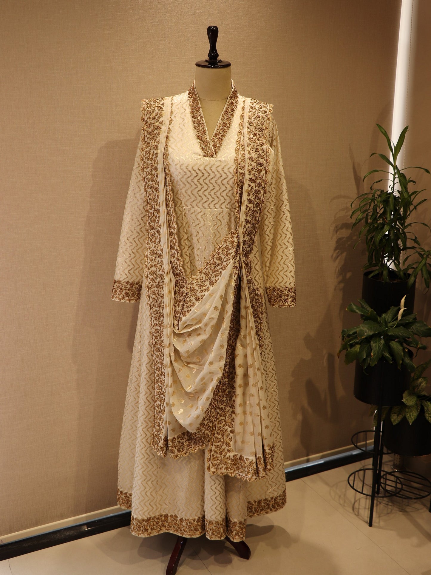 Off white Chanderi gown with drape dupatta