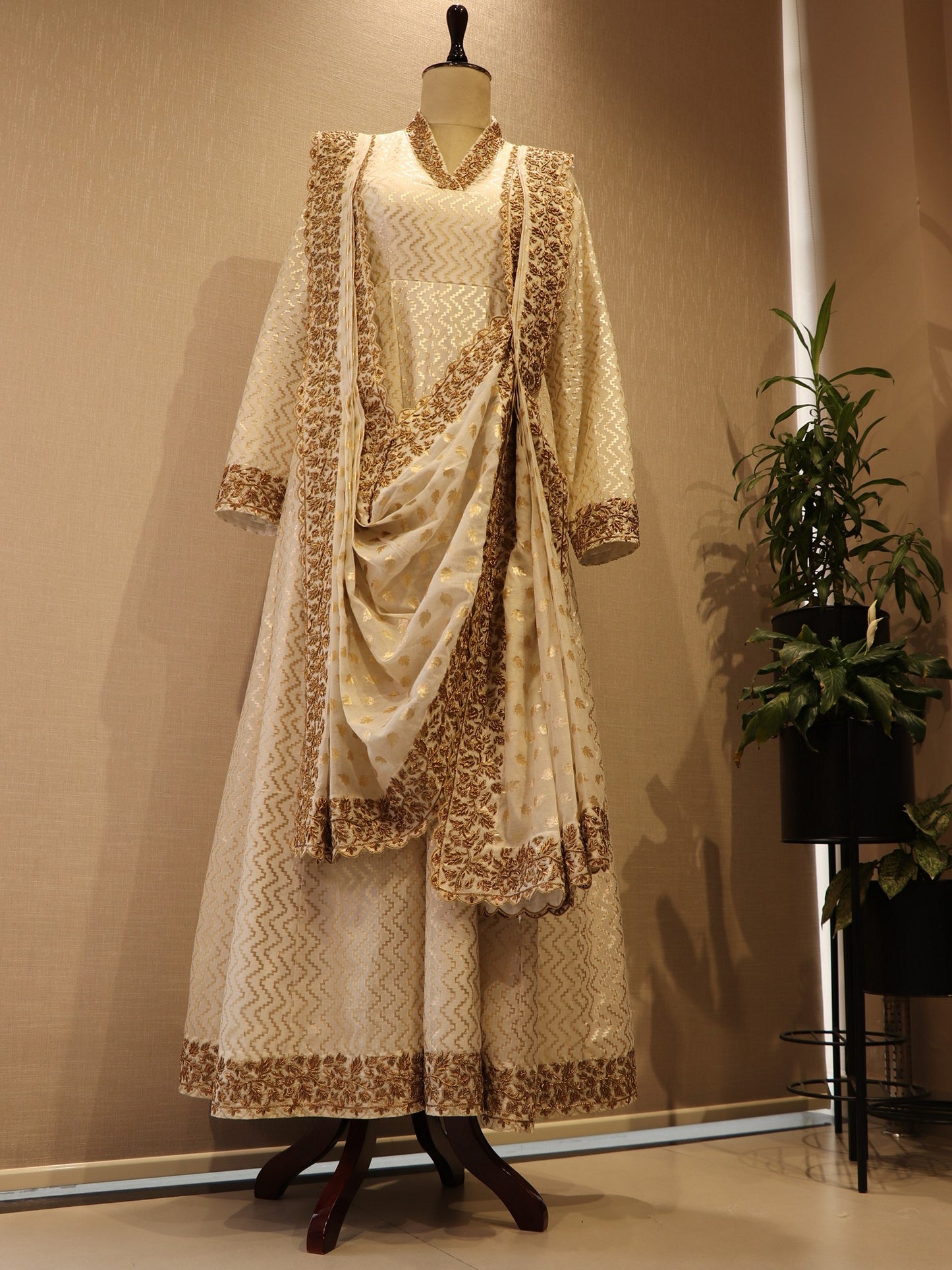 Off white Chanderi gown with drape dupatta