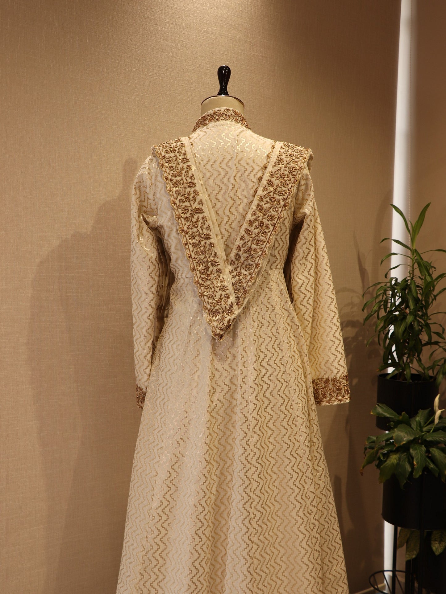 Off white Chanderi gown with drape dupatta