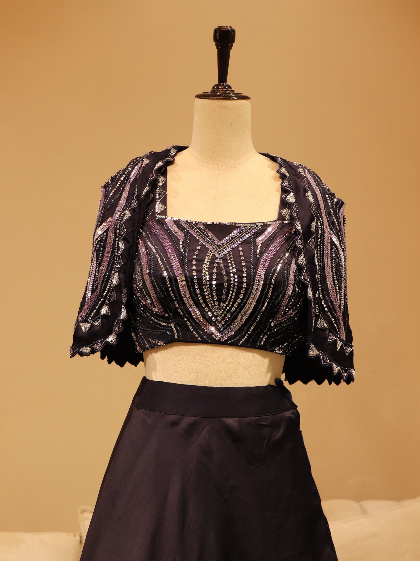 Dark purple crop top skirt cape