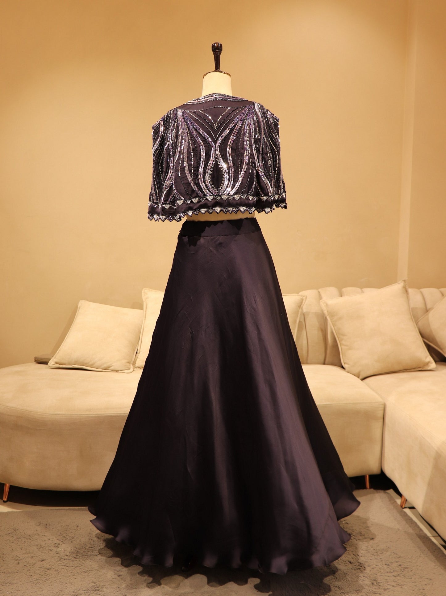 Dark purple crop top skirt cape
