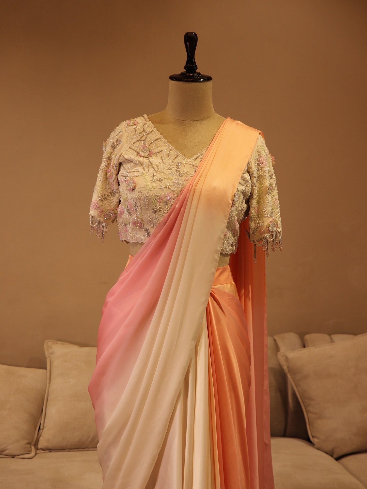 Pearl white pink ombre shaded drape saree