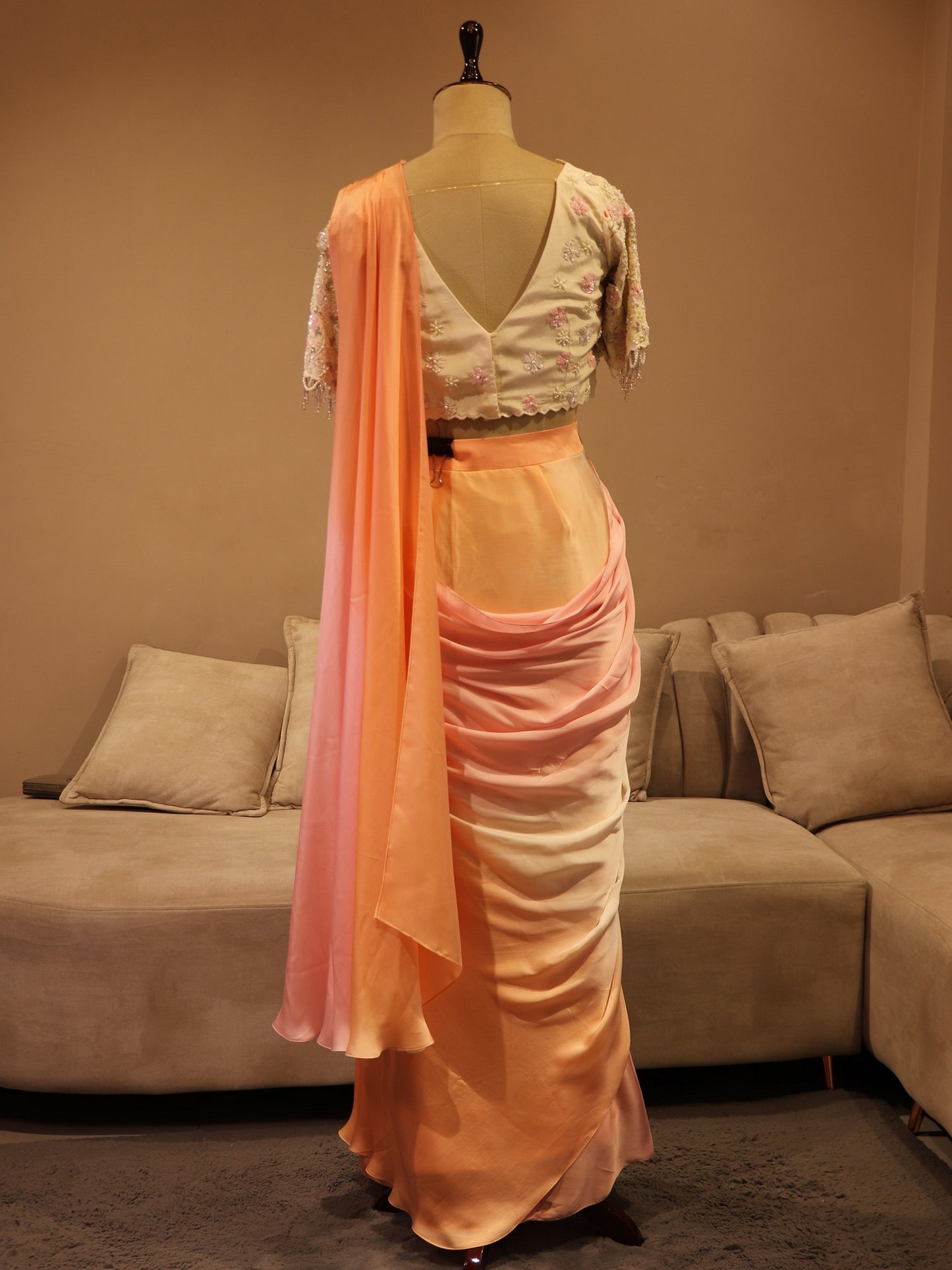 Pearl white pink ombre shaded drape saree