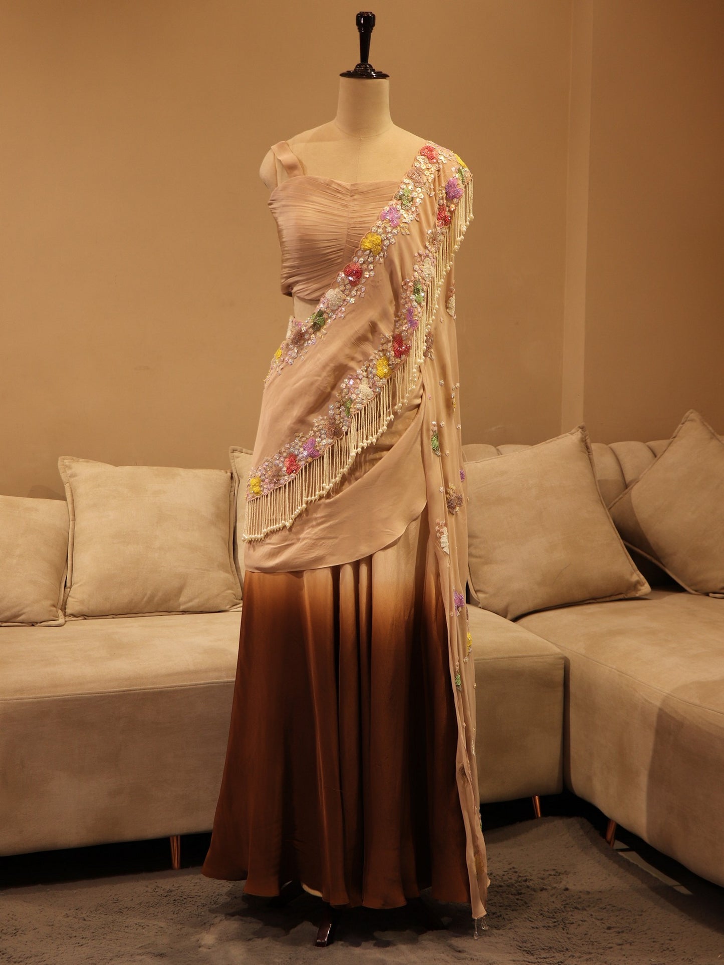 Beige brown shaded crop top plazo dupatta