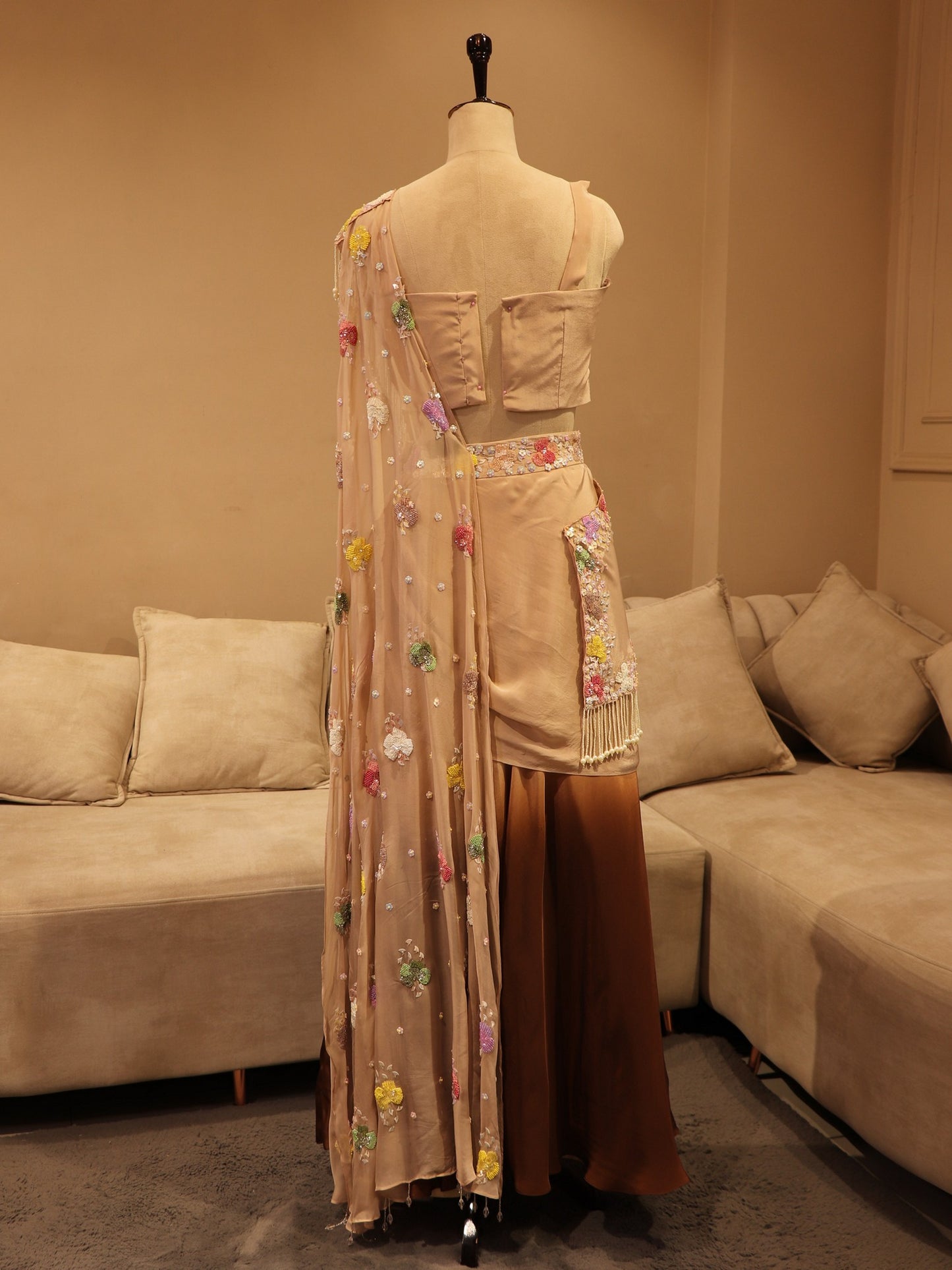 Beige brown shaded crop top plazo dupatta