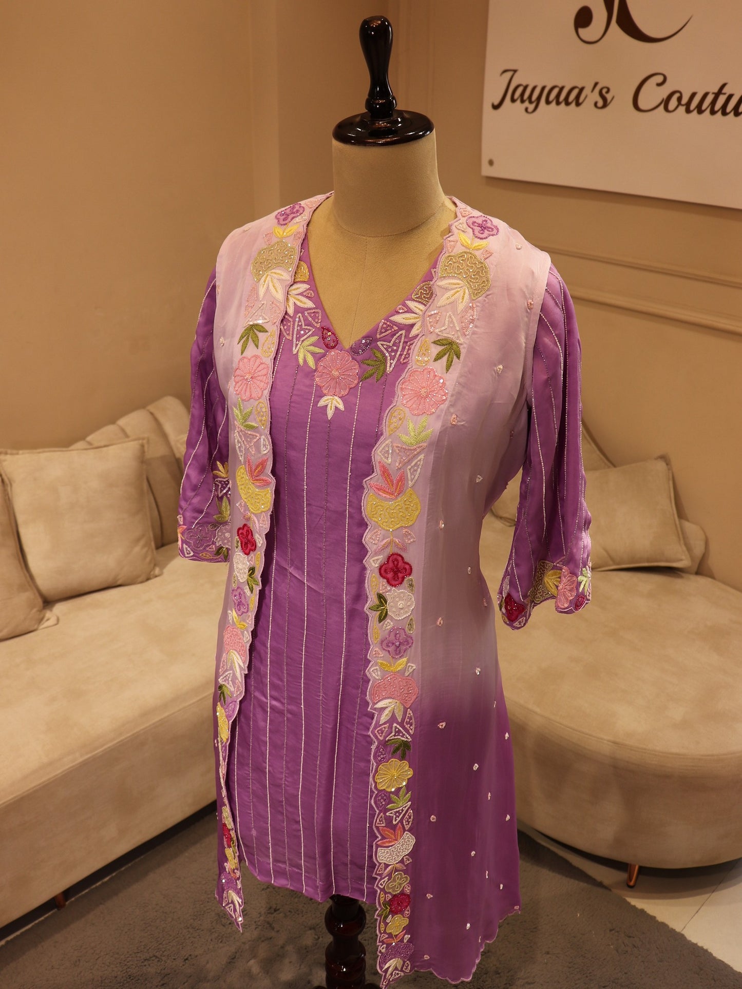 Lavander shaded kurti with shrug and pants