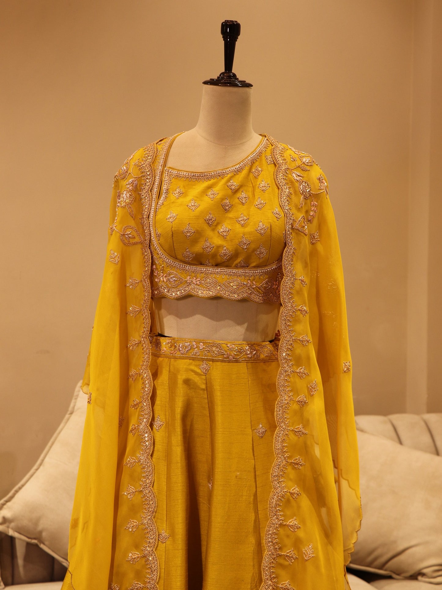Mustard yellow zardosi lehenga set